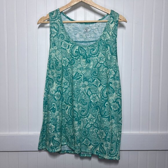 Brisas Blue Green Paisley Floral Summer Sleeveless Racerback Tank Top Blouse - Picture 1 of 9